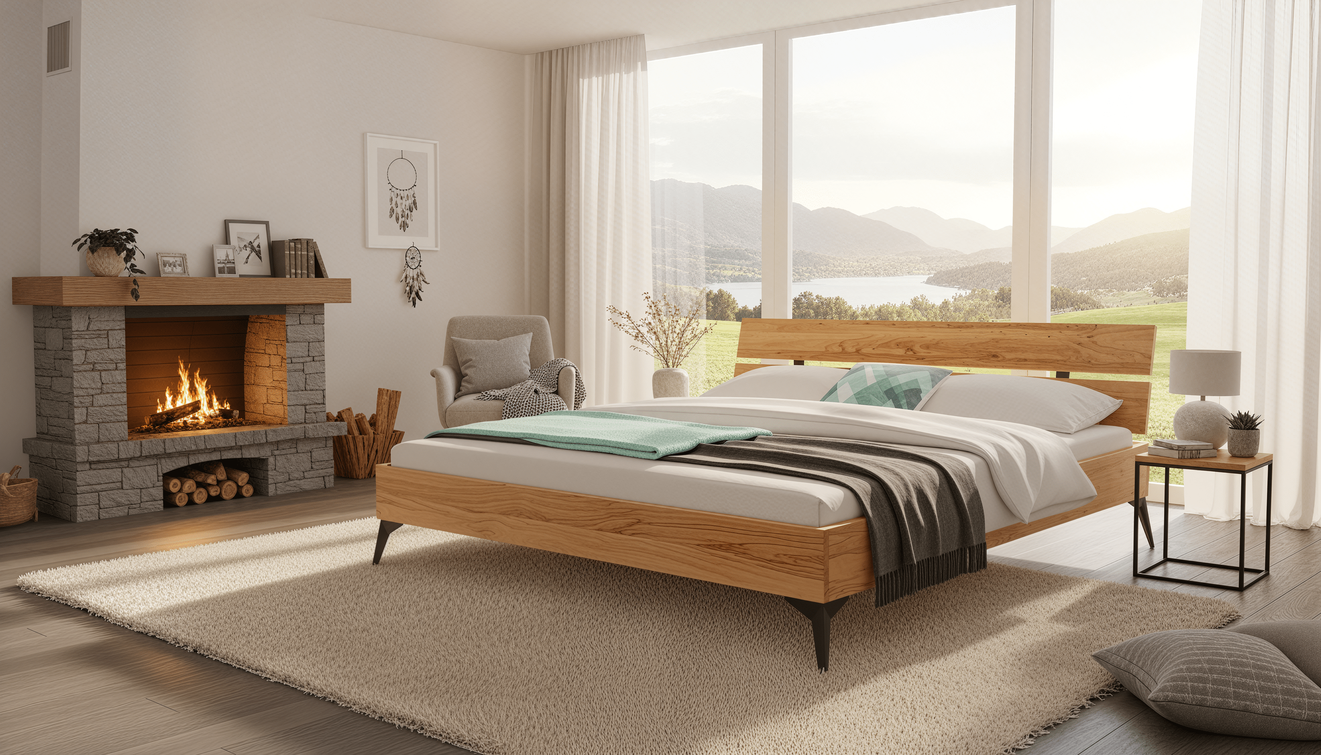 KARA Massivholzbett, mit Metallfüßen und geteilter Lehne