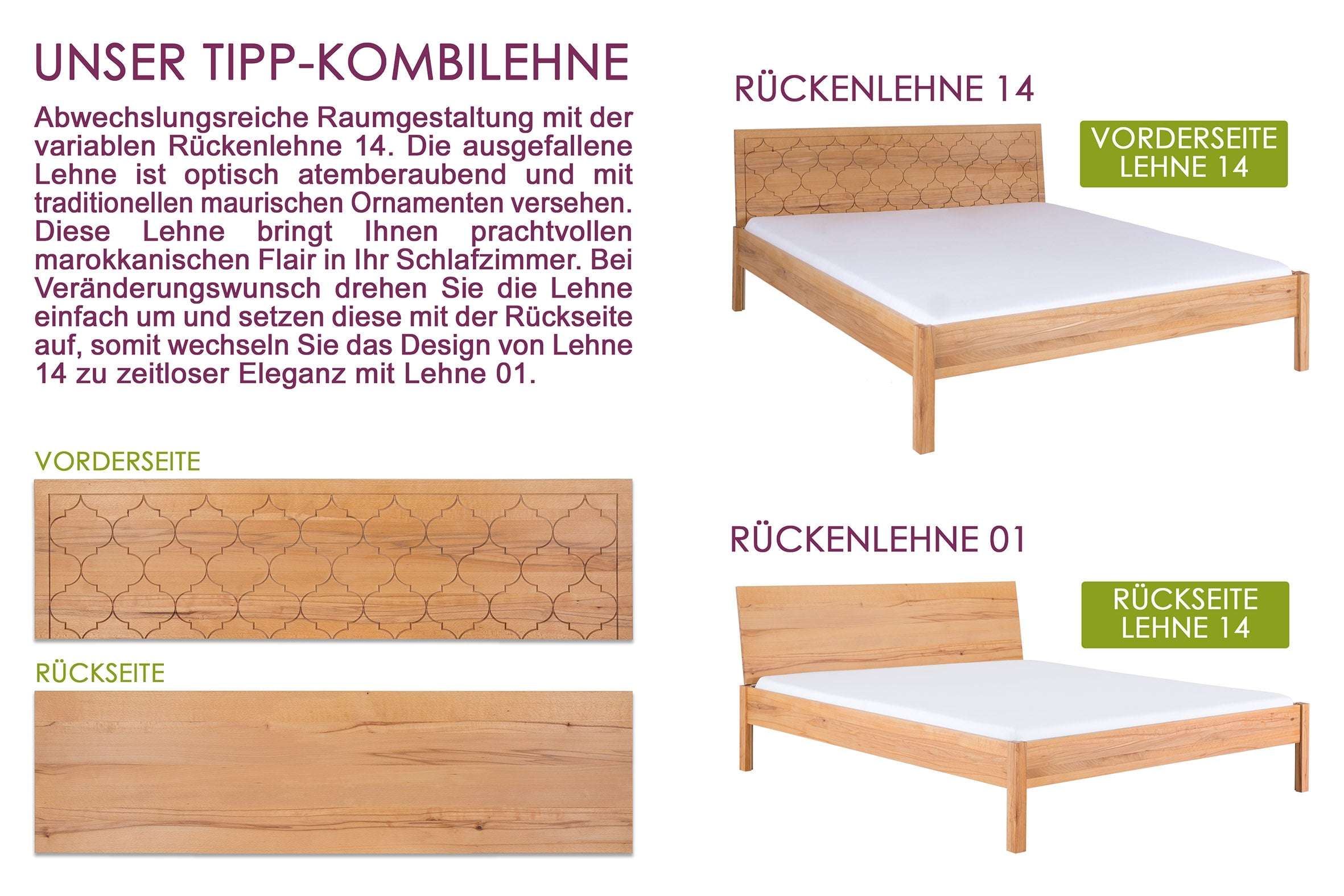 TOBA 14 Massivholzbett, metallfrei, orientalische Wendelehne