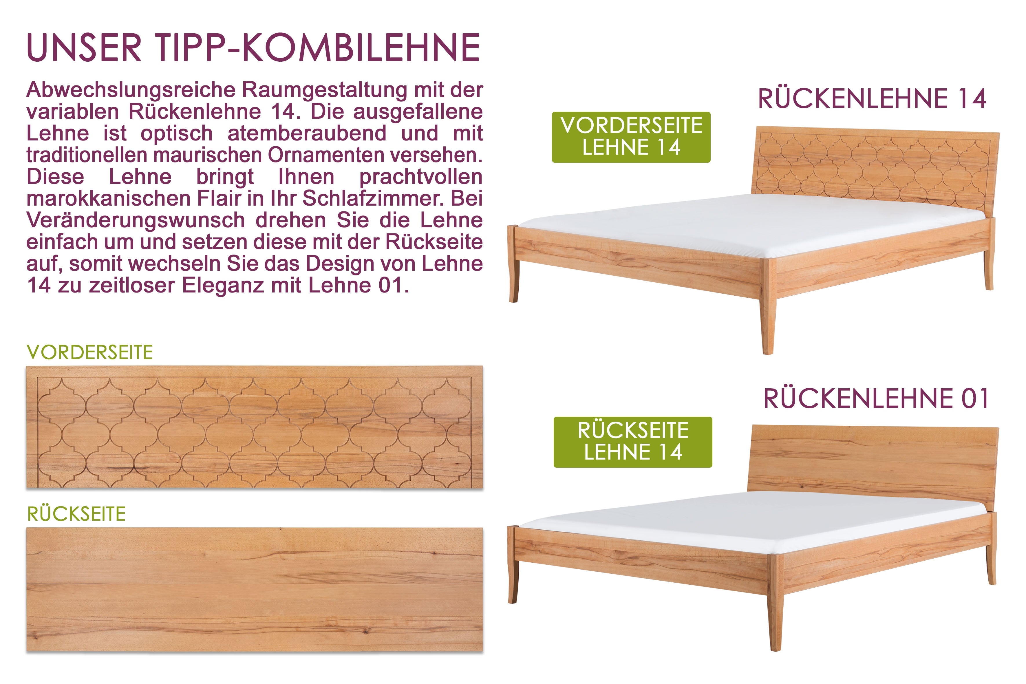 PAEZ 14 Massivholzbett, metallfrei, orientalische Wendelehne